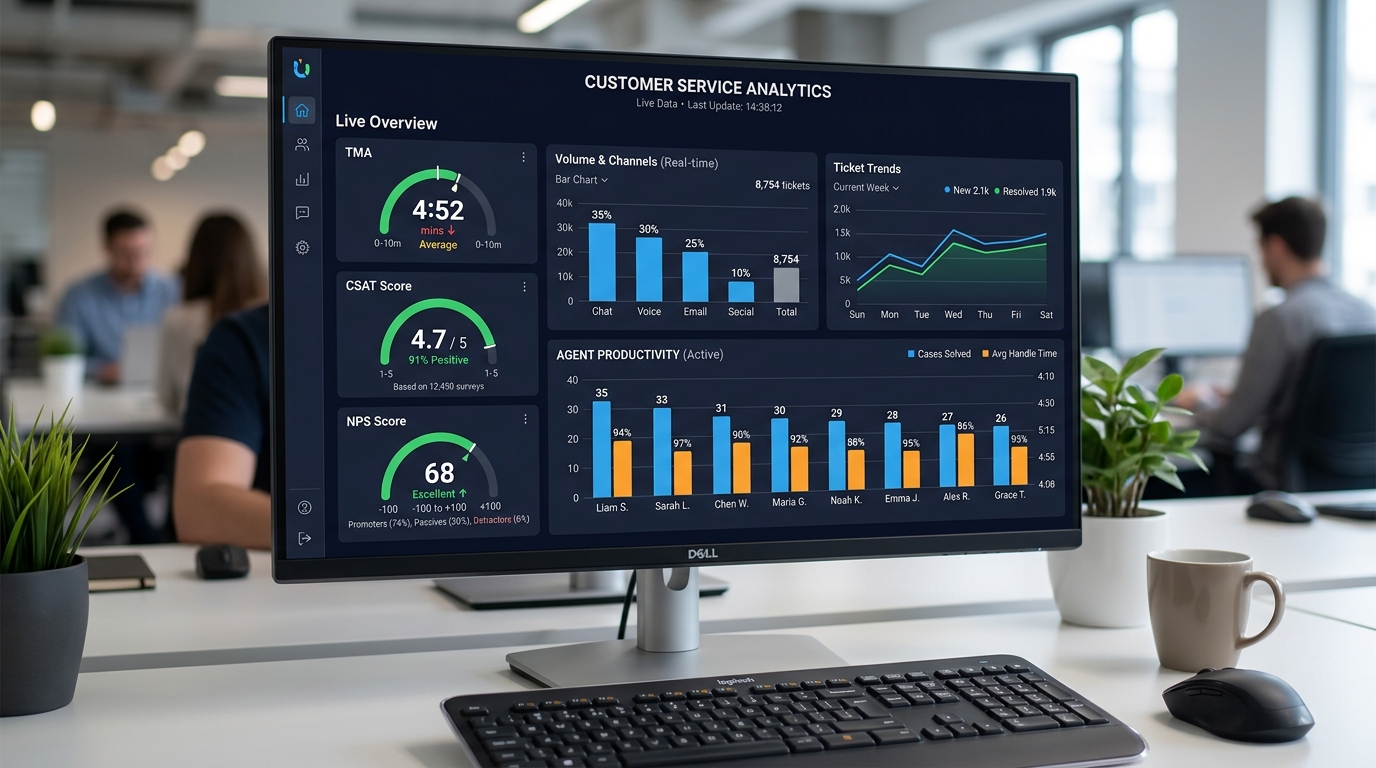 Dashboard em tempo real com métricas de TMA, CSAT, NPS e volume por canal