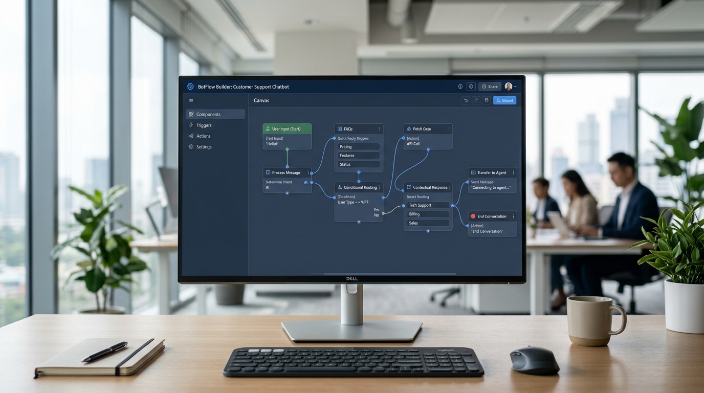 Editor visual no-code de fluxos de atendimento e respostas automáticas