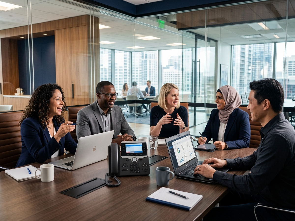 Equipe corporativa utilizando comunicações inteligentes da Mundo Telecom