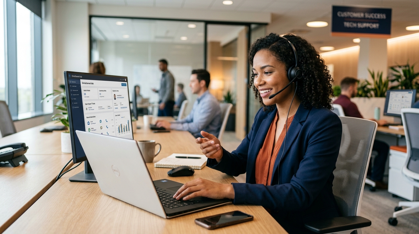 Especialista em atendimento utilizando a plataforma Aikom com headset corporativo